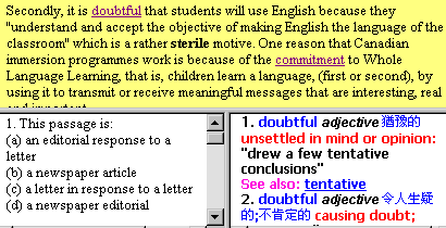 Figure 6: A multiple choice reading exercise with words linked to the lexicon
